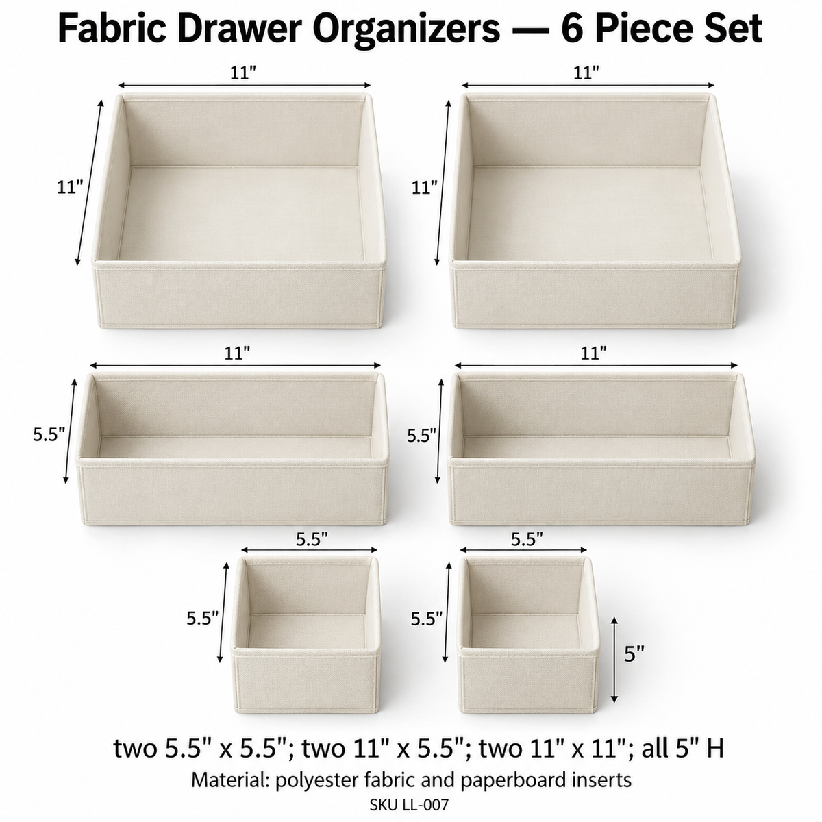 Fabric Drawer Organizers - 6 Piece Set
