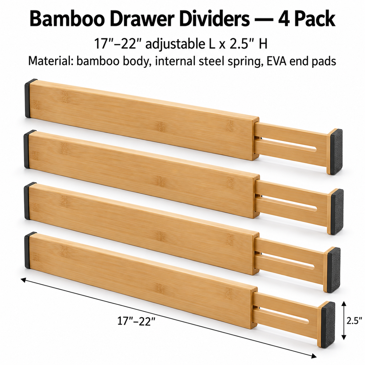 Bamboo Drawer Dividers - 4 Pack